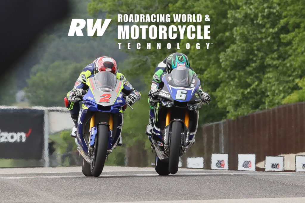 Josh Herrin (2) and Cameron Beaubier (6) fight wheelies as they race up Road America’s front straightaway toward the finish line at the end of MotoAmerica Superbike Race One in 2018. Beaubier won. Photo by Brian J. Nelson.