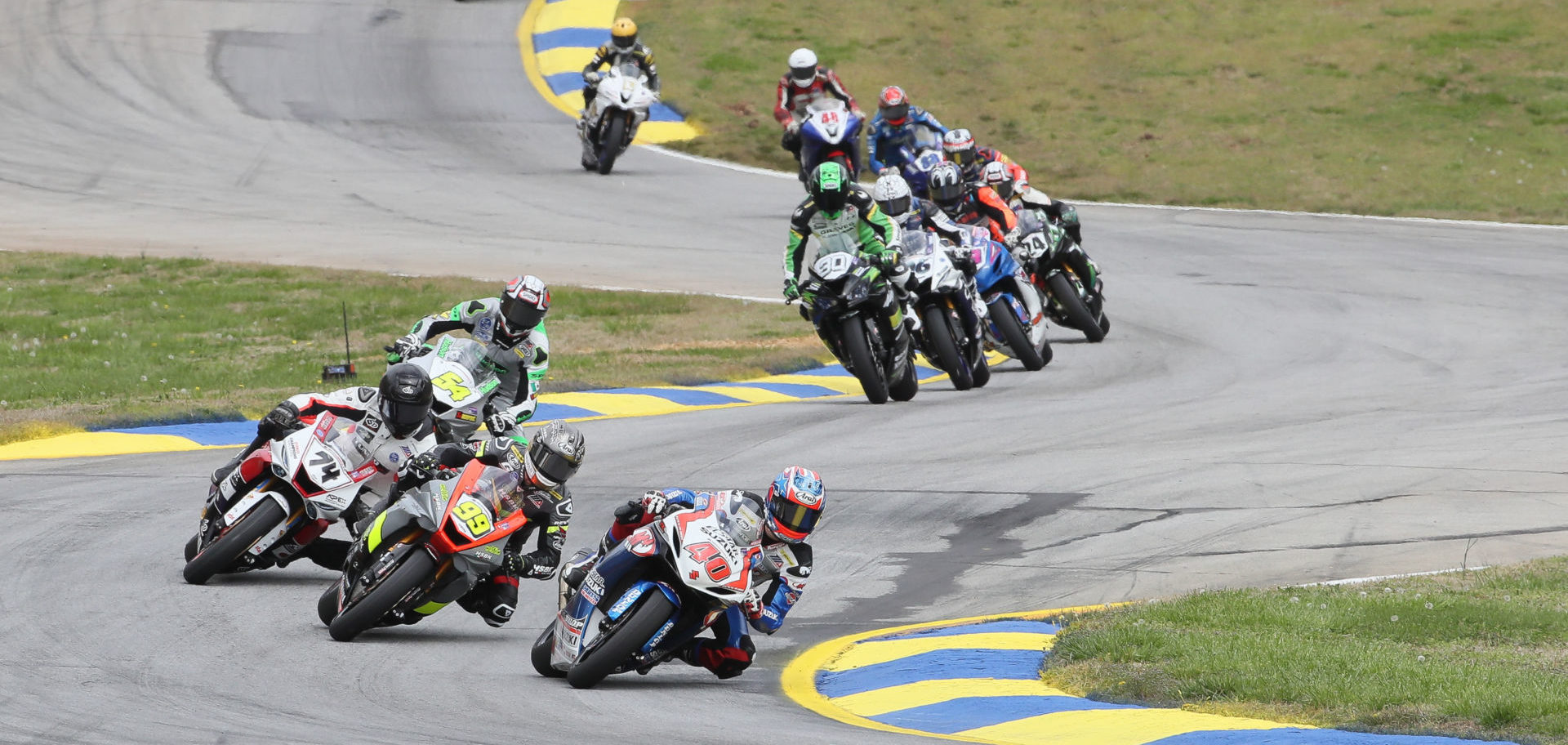 Sean Dylan Kelly (40), PJ Jacobsen (99), Bryce Prince (74), Richie Escalante (54), and others in action during MotoAmerica Supersport Race One at Road Atlanta in 2019. Photo by Brian J. Nelson.