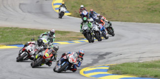 Sean Dylan Kelly (40), PJ Jacobsen (99), Bryce Prince (74), Richie Escalante (54), and others in action during MotoAmerica Supersport Race One at Road Atlanta in 2019. Photo by Brian J. Nelson.