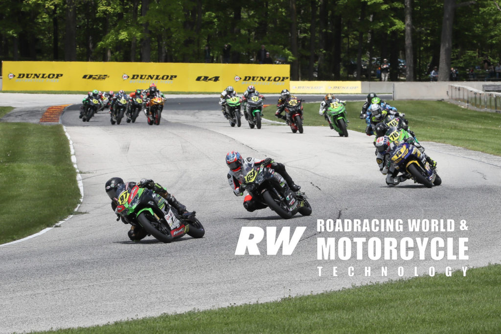 Rocco Landers (97) leads Dallas Daniels (69), Kevin Olmedo (14), Damian Jigalov (78) and the rest of the field from Road America’s Turn Six and into Turn Seven during MotoAmerica Junior Cup Race Two in 2019. Photo by Brian J. Nelson.