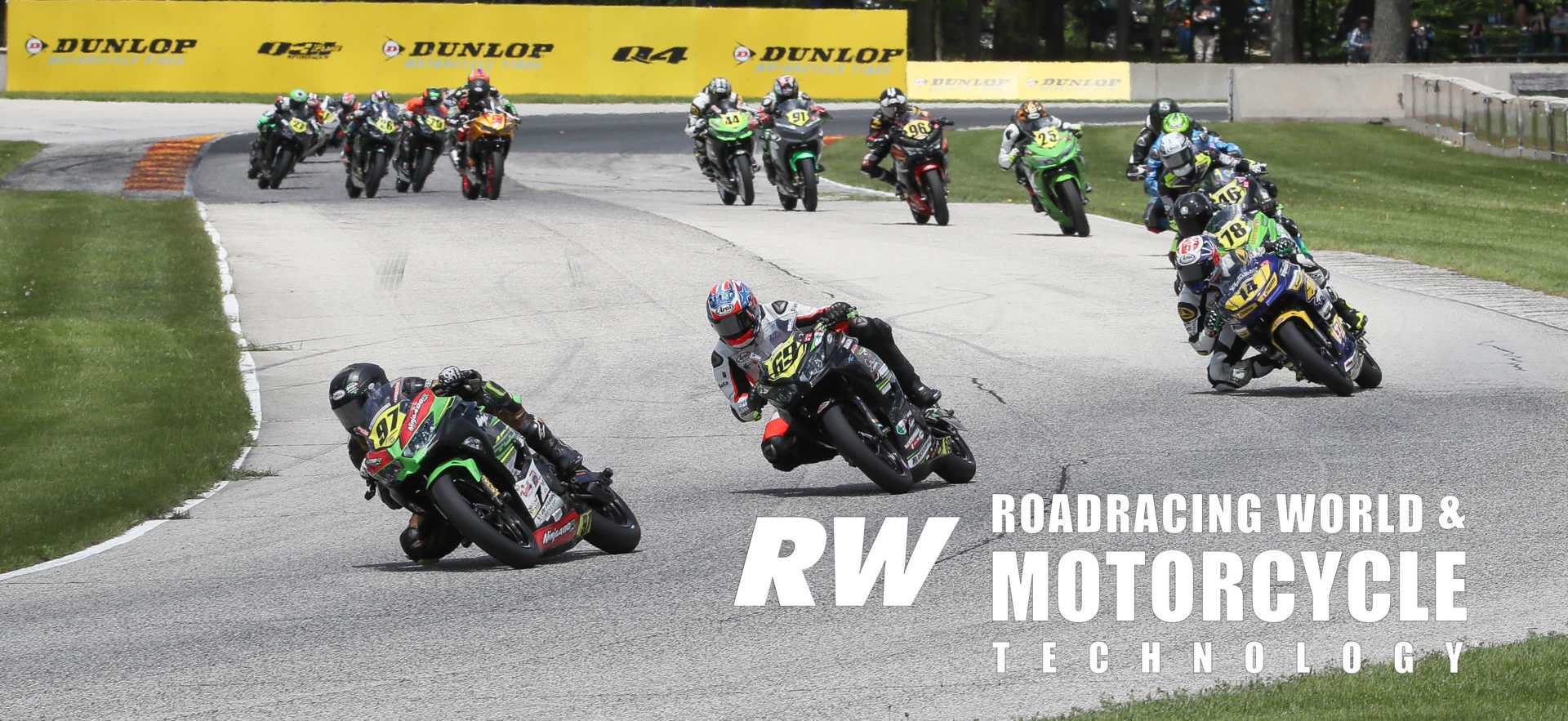 Rocco Landers (97) leads Dallas Daniels (69), Kevin Olmedo (14), Damian Jigalov (78) and the rest of the field from Road America’s Turn Six and into Turn Seven during MotoAmerica Junior Cup Race Two in 2019. Photo by Brian J. Nelson.