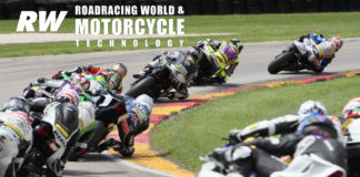 With race leader Bobby Fong already out of frame to the right, Sean Dylan Kelly heads Hayden Gillim, Josh Hayes, PJ Jacobsen, Richie Escalante, and the rest of the field during MotoAmerica Supersport Race Two at Road America in 2019. Photo by Brian J. Nelson.