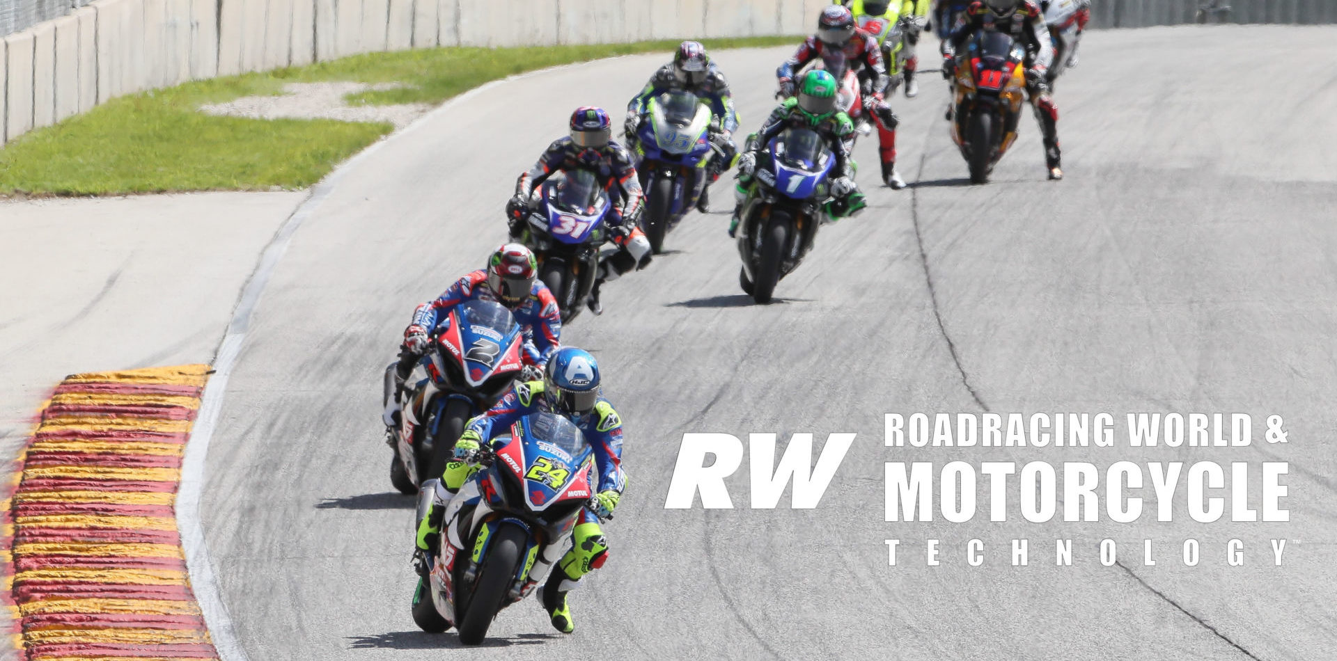 Toni Elias (24) leading the start of MotoAmerica Superbike Race Two at Road America in 2019. Photo by Brian J. Nelson.