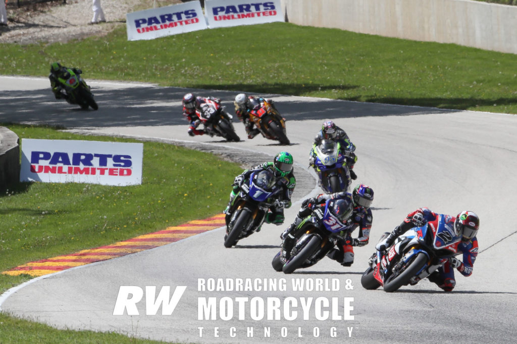 Josh Herrin (2) shows Garrett Gerloff (31), Cameron Beaubier (1), JD Beach (95), Mathew Scholtz (11), Kyle Wyman (33), and Cameron Petersen (45) the way from Canada Corner to Turn 13 and onto the final turn at Road America during MotoAmerica Superbike Race Two in 2019. Photo by Brian J. Nelson.
