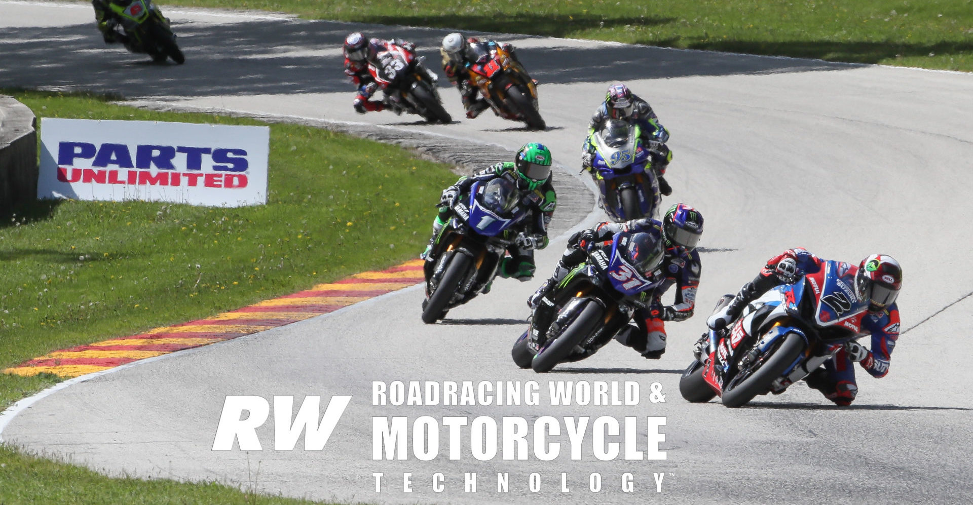 Josh Herrin (2) shows Garrett Gerloff (31), Cameron Beaubier (1), JD Beach (95), Mathew Scholtz (11), Kyle Wyman (33), and Cameron Petersen (45) the way from Canada Corner to Turn 13 and onto the final turn at Road America during MotoAmerica Superbike Race Two in 2019. Photo by Brian J. Nelson.