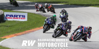Josh Herrin (2) shows Garrett Gerloff (31), Cameron Beaubier (1), JD Beach (95), Mathew Scholtz (11), Kyle Wyman (33), and Cameron Petersen (45) the way from Canada Corner to Turn 13 and onto the final turn at Road America during MotoAmerica Superbike Race Two in 2019. Photo by Brian J. Nelson.