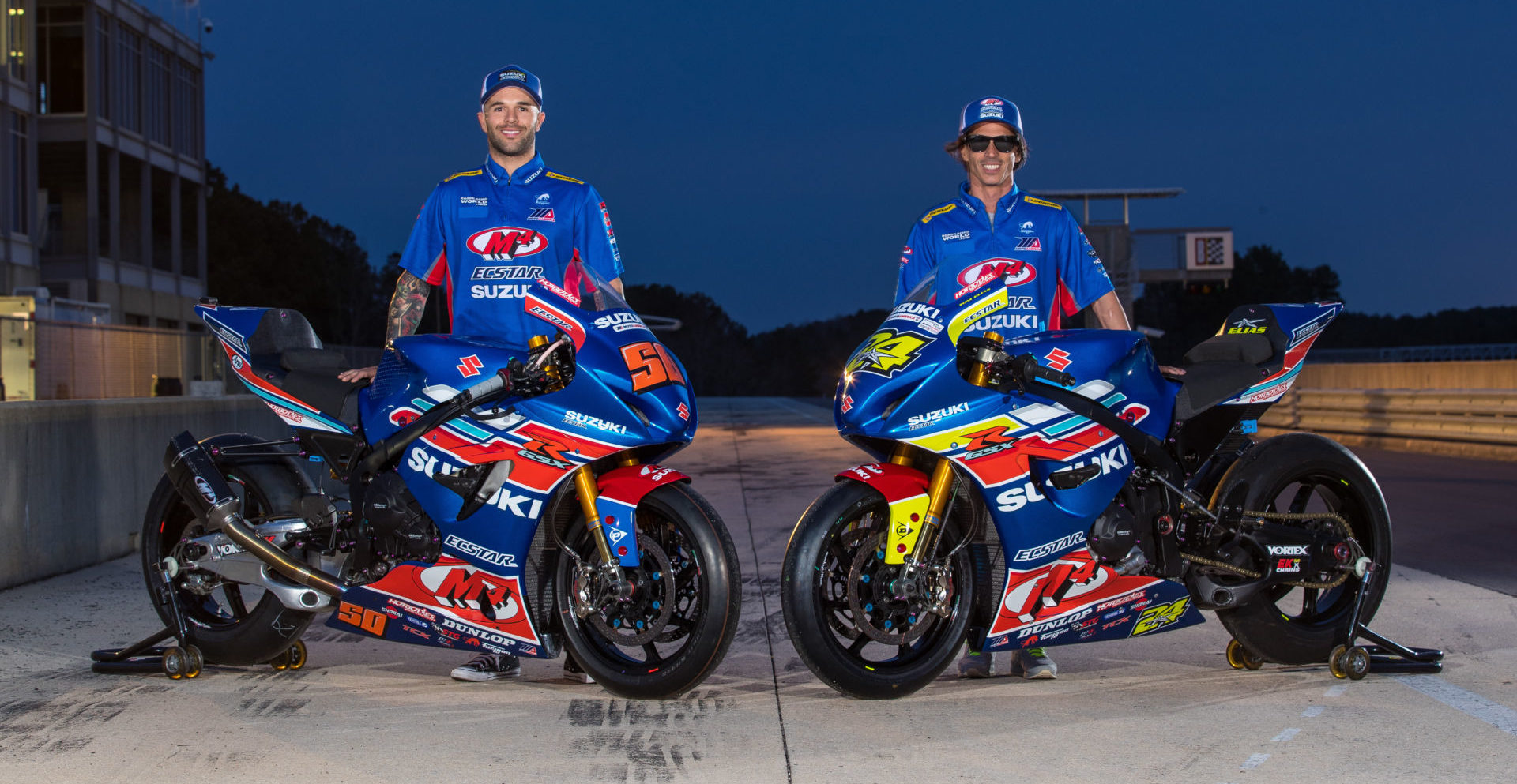M4 ECSTAR Suzuki Superbike Riders Bobby Fong #50 (left) and Toni Elias #24 (right). Photo by Brian J. Nelson.