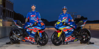 M4 ECSTAR Suzuki Superbike Riders Bobby Fong #50 (left) and Toni Elias #24 (right). Photo by Brian J. Nelson.