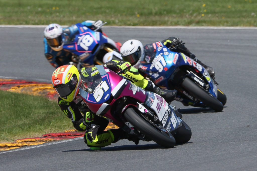 Kaleb De Keyrel (51), Rocco Landers (97), and Jackson Blackmon (18) race for the lead in MotoAmerica Twins Cup Race Two at Road America. Photo by Brian J. Nelson, courtesy MotoAmerica.