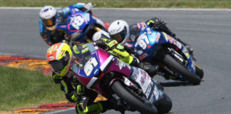 Kaleb De Keyrel (51), Rocco Landers (97), and Jackson Blackmon (18) race for the lead in MotoAmerica Twins Cup Race Two at Road America. Photo by Brian J. Nelson, courtesy MotoAmerica.