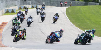 Richie Escalante (54) leads Sean Dylan Kelly (40), Brandon Paasch (21), and the rest of the field during MotoAmerica Supersport Race Two at Road America. Photo by Brian J. Nelson, courtesy MotoAmerica.