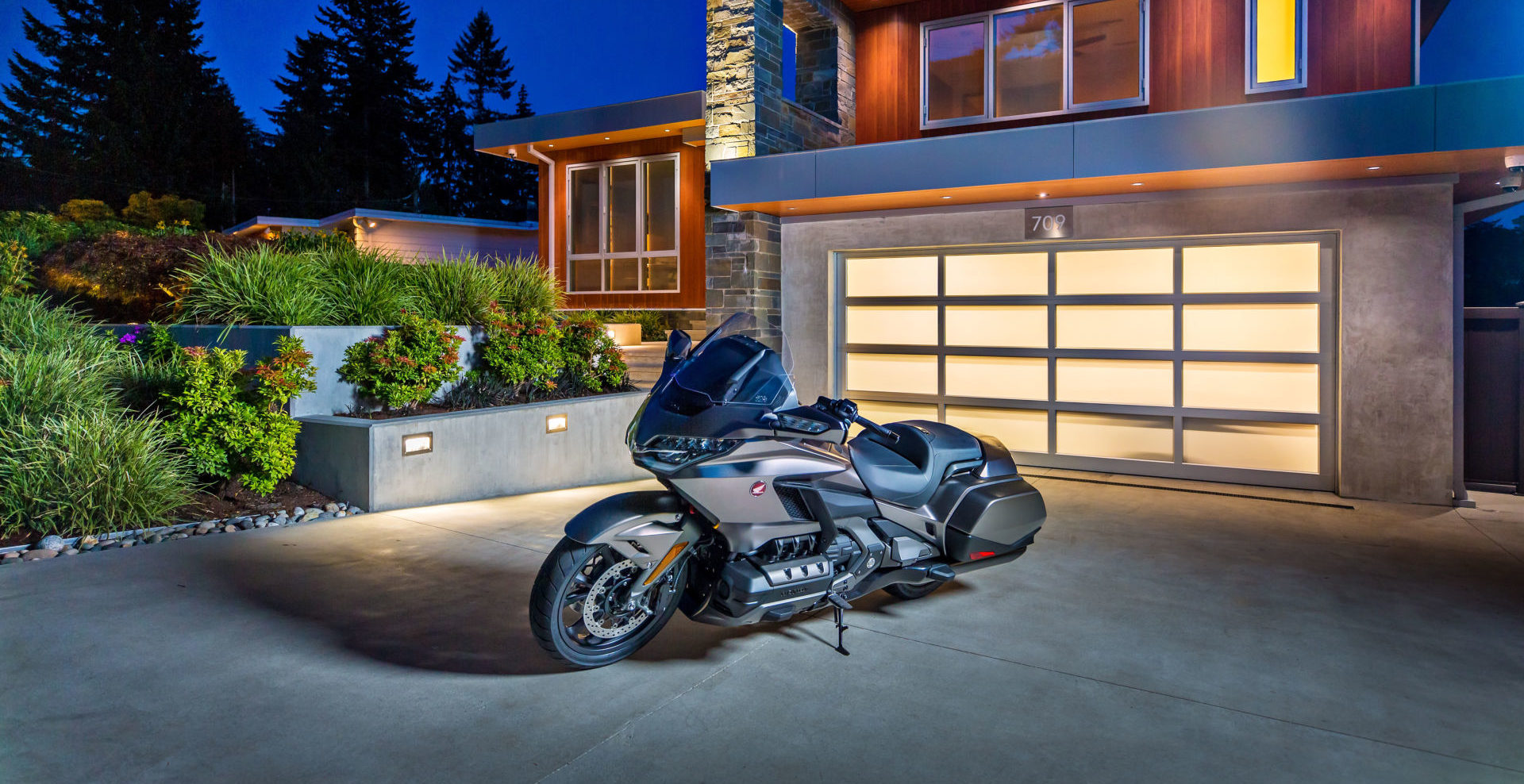 A Honda Gold Wing in front of a residence. Photo courtesy of American Honda.