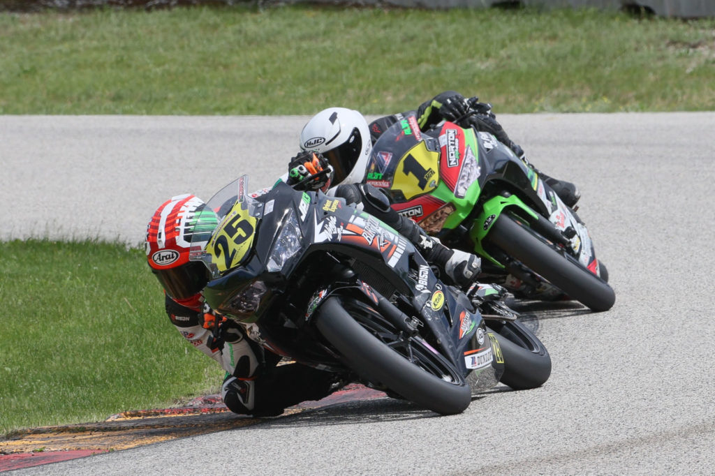 Dominic Doyle (25) and Rocco Landers (1) battling during MotoAmerica Liqui Moly Junior Cup Race Two at Road America. Photo by Brian J. Nelson, courtesy MotoAmerica.