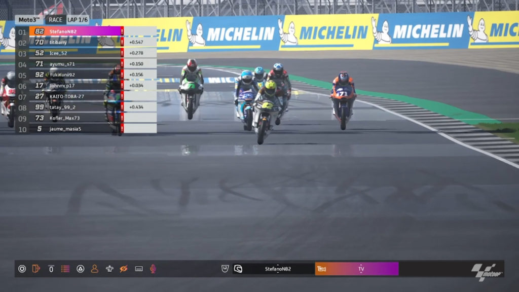 Action from the virtual Moto3 race at Silverstone. Image courtesy Dorna.