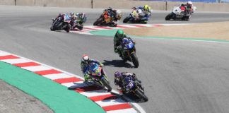 Garrett Gerloff (31) leads Toni Elias (24), Cameron Beaubier (1) and the rest of the MotoAmerica Superbike field at WeatherTech Raceway Laguna Seca in 2019. Photo by Brian J. Nelson.