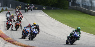 Cameron Beaubier (1) leads Jake Gagne (32), Bobby Fong (50), Toni Elias (behind Gagne), Mathew Scholtz (11), Kyle Wyman (33), and the rest of the MotoAmerica HONOS Superbike field early in Race One at Road America. Photo courtesy of Yamaha.
