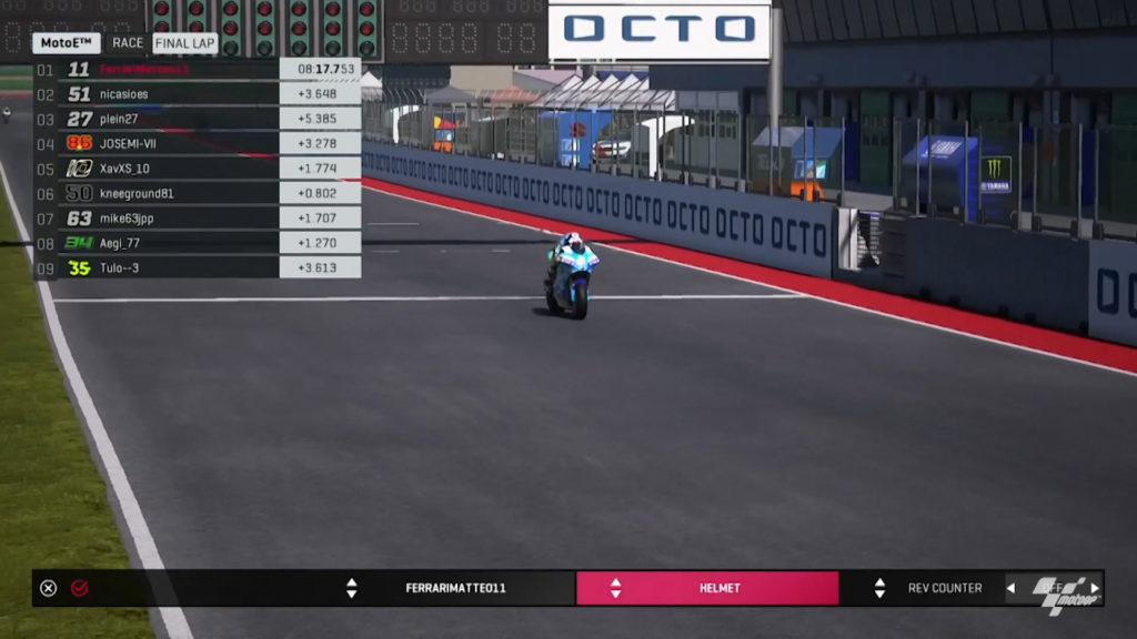 Matteo Ferrari (11) crosses the finish line to win the first-ever virtual MotoE race, at Misano. Image courtesy Dorna.