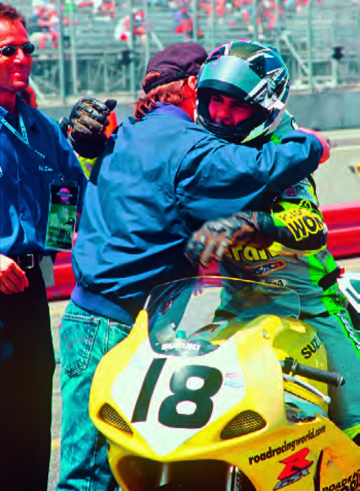 Chris Ulrich, after taking his career-first AMA Pro race win in 750cc Supersport at Laguna Seca in 2001. 