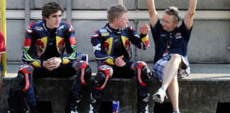 Kevin Schwantz (right) working with Red Bull MotoGP Rookies Cup riders Taylor Mackenzie (center) and Mathew Scholtz (left) at Brno in 2010. Photo by Gold& Goose/GEPA Pictures, courtesy Red Bull.