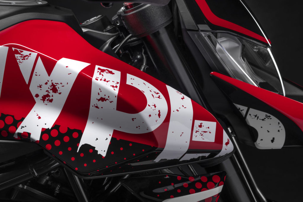 A close up of the graphics on a Ducati Hypermotard 950 RVE. Photo courtesy Ducati.