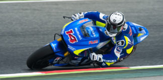Randy de Puniet (14) in action on the Suzuki GSX-RR MotoGP prototype racebike. Photo courtesy of Team Suzuki Press Office.