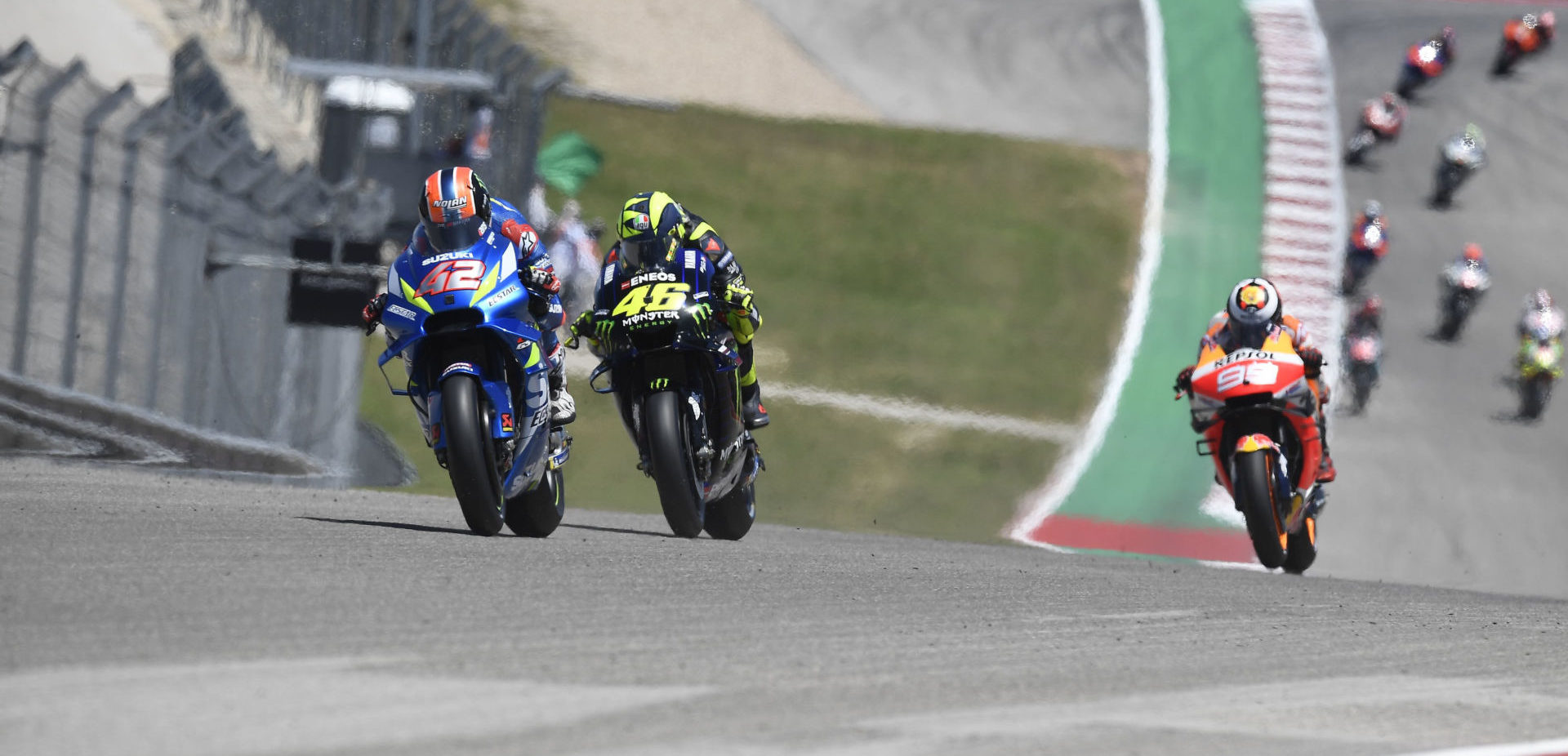 Alex Rins (42) leads Valentino Rossi (46) and Jorge Lorenzo (99) during the 2019 Red Bull Grand Prix of The Americas at Circuit of The Americas. Photo courtesy Team Suzuki ECSTAR.