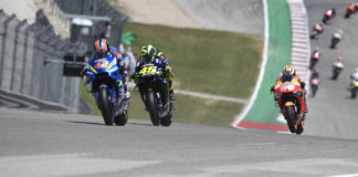 Alex Rins (42) leads Valentino Rossi (46) and Jorge Lorenzo (99) during the 2019 Red Bull Grand Prix of The Americas at Circuit of The Americas. Photo courtesy Team Suzuki ECSTAR.