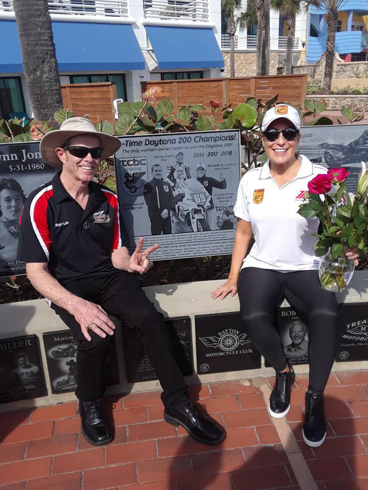 TOBC Racing owner Michelle Lindsay (right) with Daytona 200 Monument supporter Roger Lyle (left). Photo courtesy Roger Lyle.