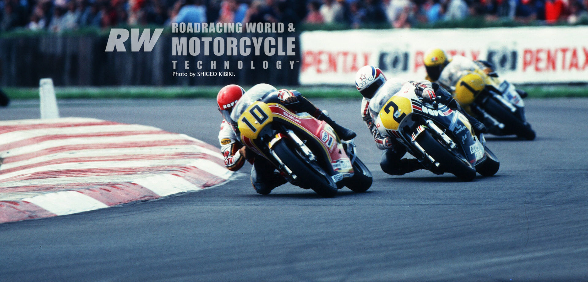 Randy Mamola (10) leads Suzuki’s Marco Lucchinelli (2) and Yamaha’s Kenny Roberts (1) at Silverstone, England, in 1980, where Mamola won, beating Roberts by 11 seconds with Lucchinelli a distant third. Photo by Shigeo Kibiki, copyright Roadracing World Publishing, Inc.