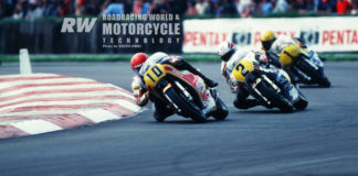 Randy Mamola (10) leads Suzuki’s Marco Lucchinelli (2) and Yamaha’s Kenny Roberts (1) at Silverstone, England, in 1980, where Mamola won, beating Roberts by 11 seconds with Lucchinelli a distant third. Photo by Shigeo Kibiki, copyright Roadracing World Publishing, Inc.