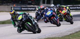 Richie Escalante (54) leads Sean Dylan Kelly (40), Brandon Paasch (21) and the rest of the field during MotoAmerica Supersport Race 2 at Road America. Photo by Brian J. Nelson, courtesy MotoAmerica.