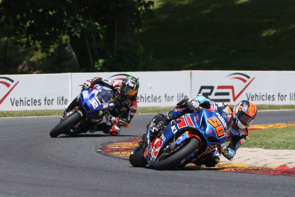 Bobby Fong (50) leads Jake Gagne (32) late in MotoAmerica HONOS Superbike Race 2 at Road America. Photo by Brian J. Nelson, courtesy MotoAmerica.