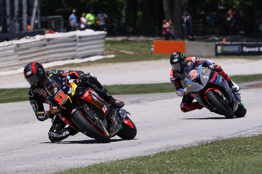 Mathew Scholtz (11) and Josh Herrin (2) during MotoAmerica Superbike Race One at Road America 2. Photo by Brian J. Nelson, courtesy Westby Racing.