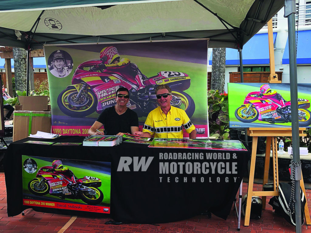 Artist Lee Bivens (left) and former racer David Sadowski (right) at the 2020 Daytona 200 Monument celebration. Photo by Bob Coy.