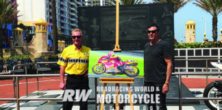 During the 2020 Daytona 200 Monument celebration, artist Lee Bivens (right) unveiled his portrait depicting David Sadowski (left) on his way to winning the 1990 Daytona 200. Photo by Robert Coy.