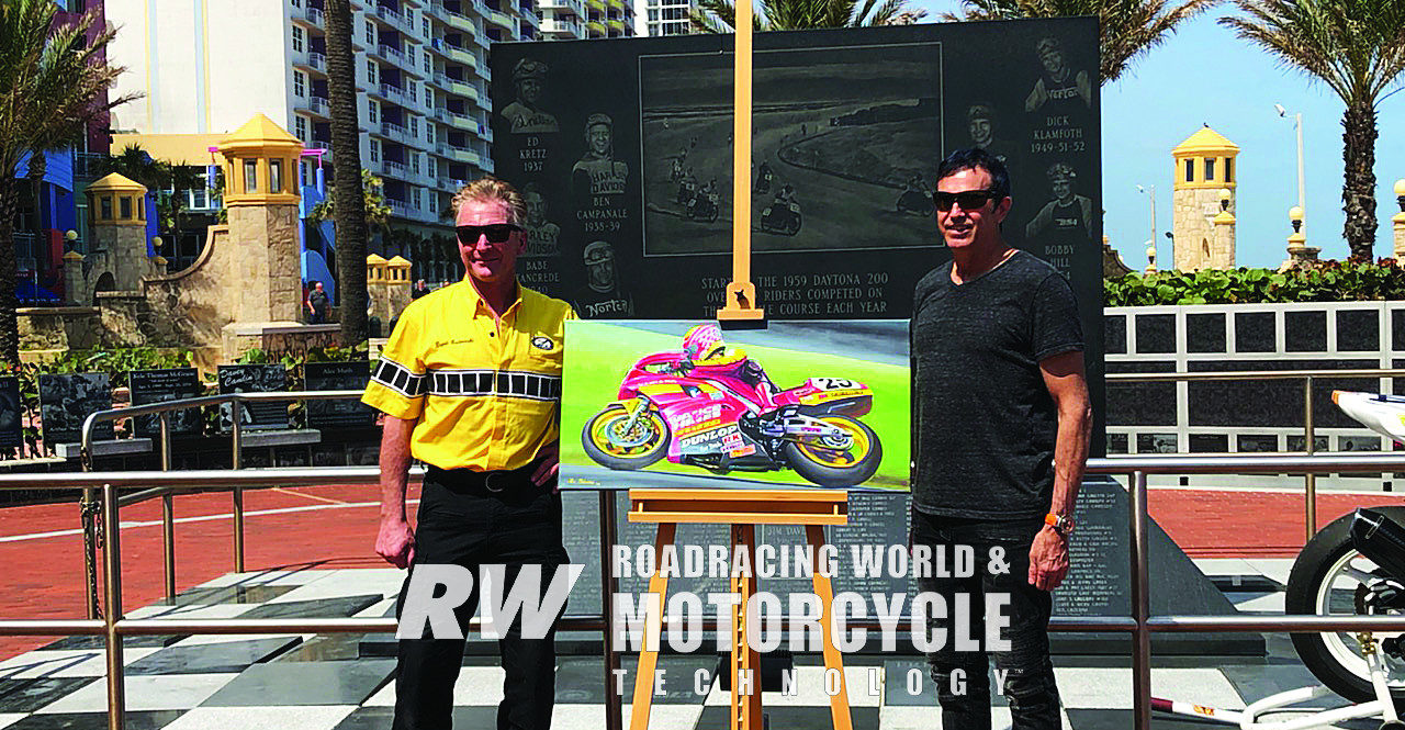 During the 2020 Daytona 200 Monument celebration, artist Lee Bivens (right) unveiled his portrait depicting David Sadowski (left) on his way to winning the 1990 Daytona 200. Photo by Robert Coy.