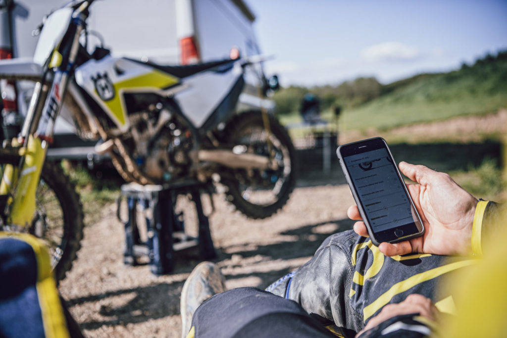 The new Husqvarna Motorcycles app combined with an accessory Connectivity Unit allows owners to remotely adjust engine performance and access suspension setup recommendations. Photo courtesy Husqvarna.