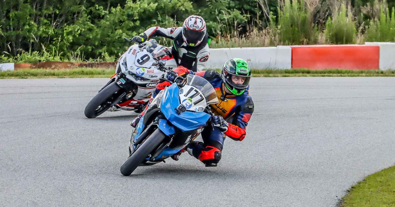 Alex Vaipan (177) took the top spot ahead of Bret Shardein (9) in the Motogladiator Ninja 400 Race at NC Bike. Photo by Joshua Barnett/Apex Pro Photography, courtesy Motogladiator.