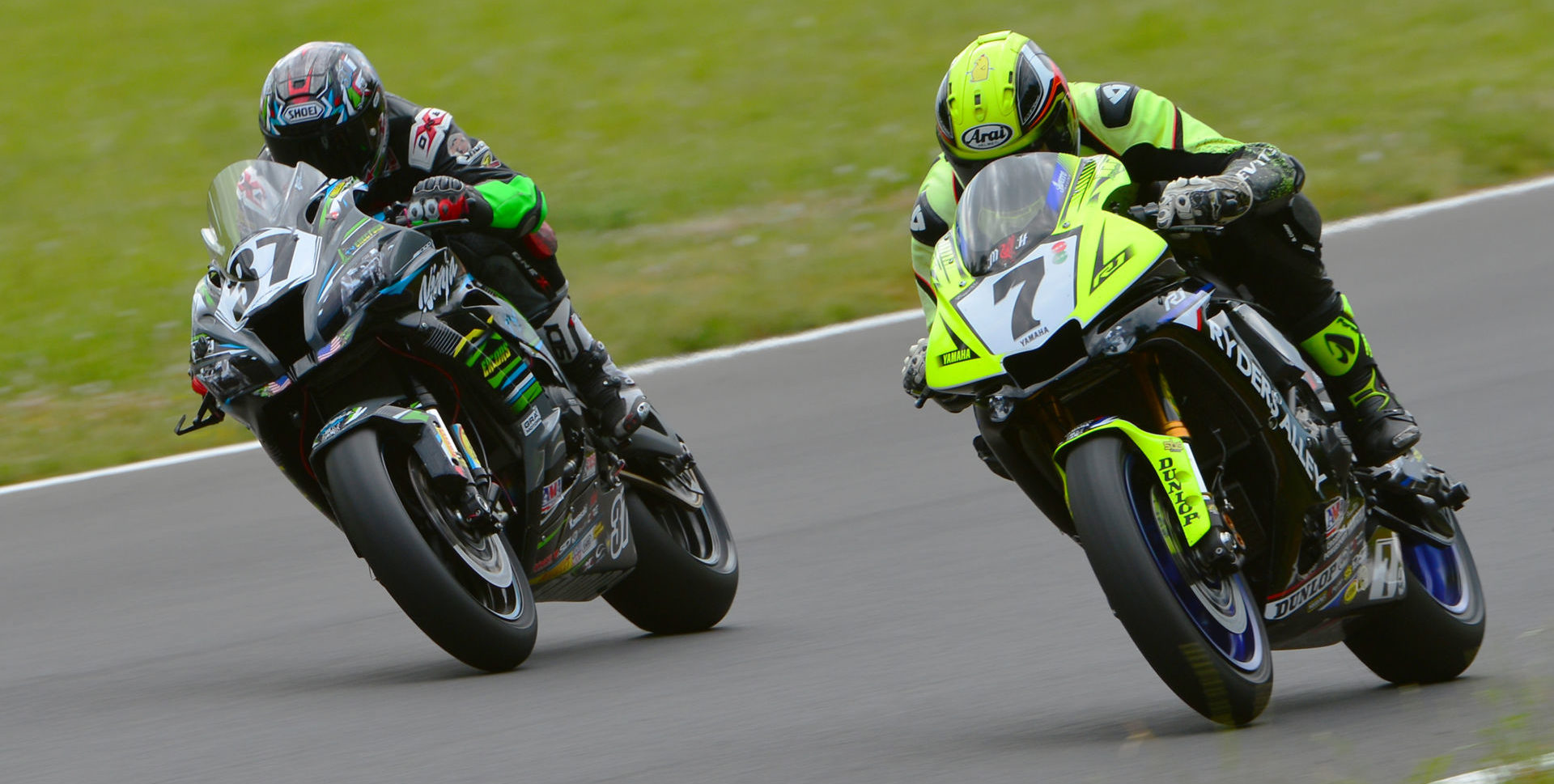 Stefano Mesa (37) and Mark Heckles (7) battle during a CCS Unlimited Superbike race June 14 at Summit Point Raceway. Photo by Lisa Theobald, courtesy ASRA/CCS.