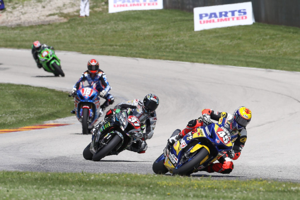 Cameron Petersen (45) leads Stefano Mesa (37), Alex Dumas (16), and Michael Gilbert (55) during the MotoAmerica Stock 1000 race at Road America. Photo by Brian J. Nelson, courtesy MotoAmerica.