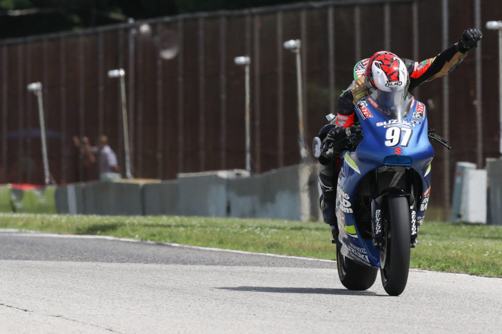 Rocco Landers (97) celebrates his MotoAmerica Twins Cup victory at Road America. Photo by Brian J. Nelson, courtesy MotoAmerica.