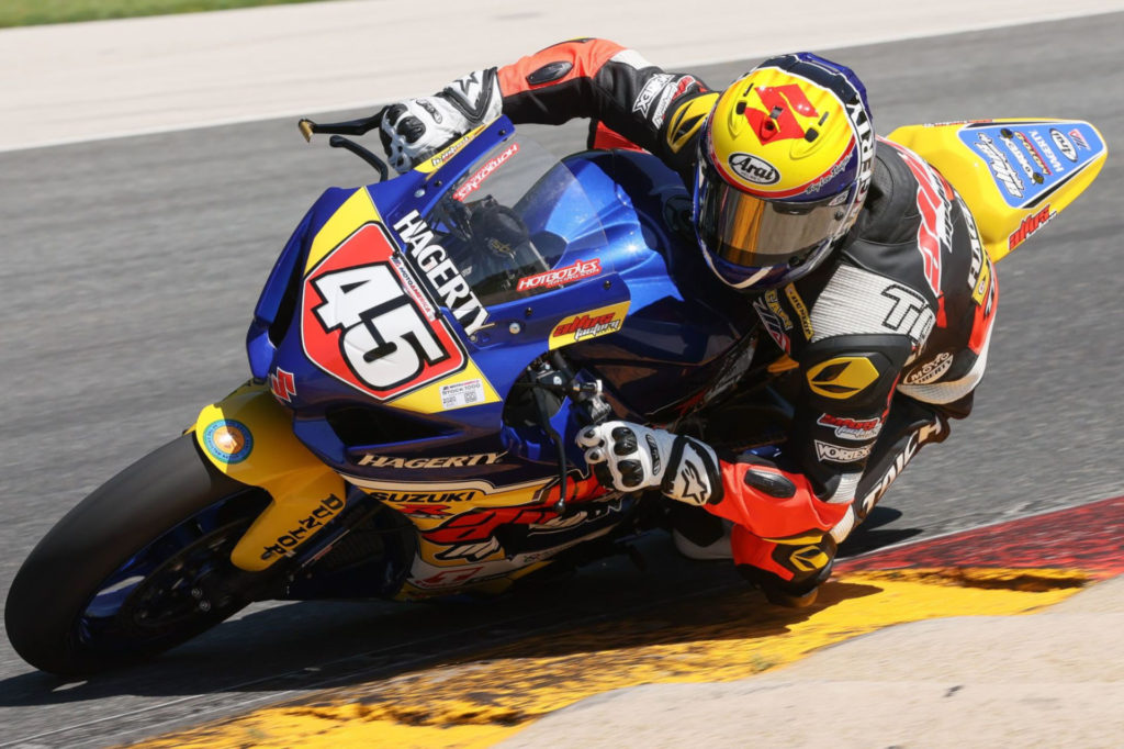 Cameron Petersen (45) takes the Stock 1000 win on his Suzuki GSX-R1000. Photo by Brian J. Nelson, courtesy Suzuki Motor of America, Inc.