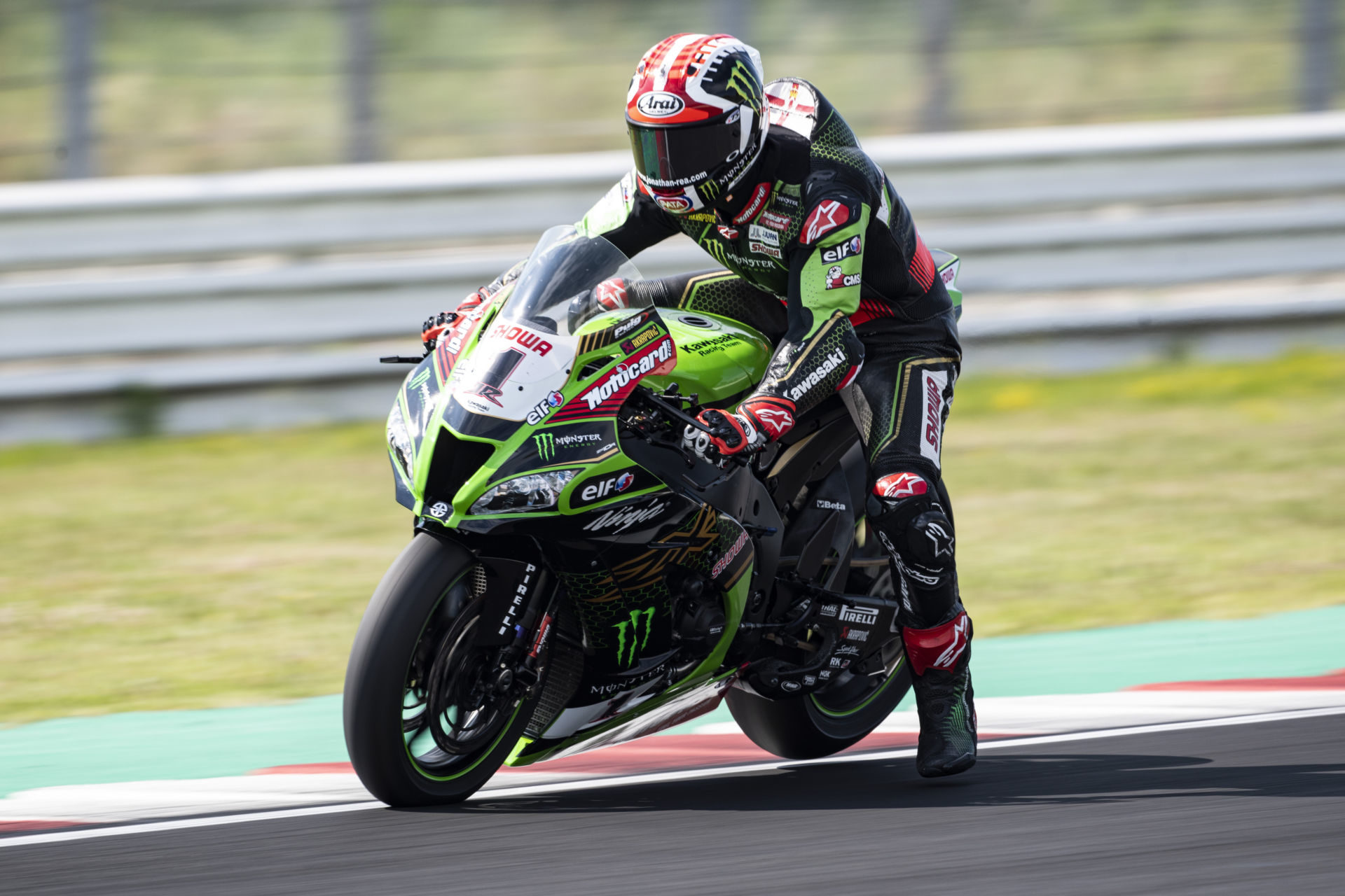 Jonathan Rea (1) at speed at Misano. Photo courtesy Kawasaki.