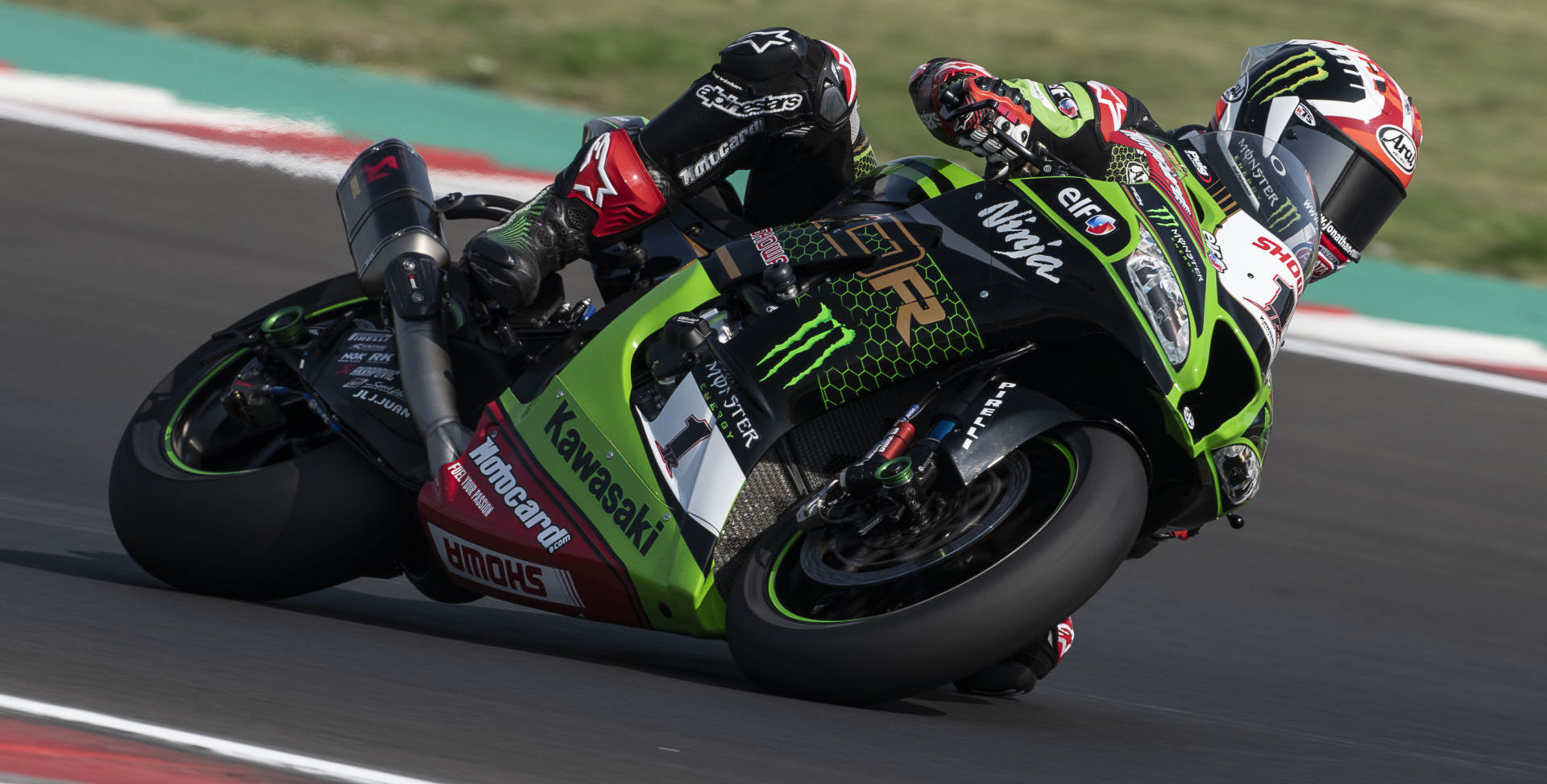 Jonathan Rea (1) at speed during testing June 24 at Misano World Circuit. Photo courtesy Kawasaki.