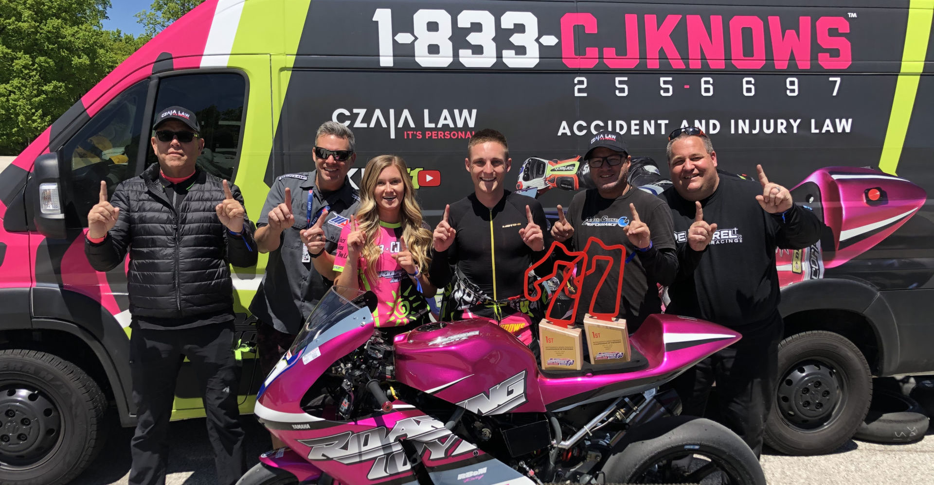 From left: Team Owner CJ Czaia, Gino Angella, Marissa Lehner, Kaleb De Keyrel, Larry Zullo, and Ryan Podein at the end of MotoAmerica Road America 1. Photo courtesy 1-833-CJKNOWS/Roaring Toyz.