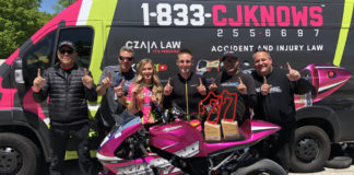 From left: Team Owner CJ Czaia, Gino Angella, Marissa Lehner, Kaleb De Keyrel, Larry Zullo, and Ryan Podein at the end of MotoAmerica Road America 1. Photo courtesy 1-833-CJKNOWS/Roaring Toyz.