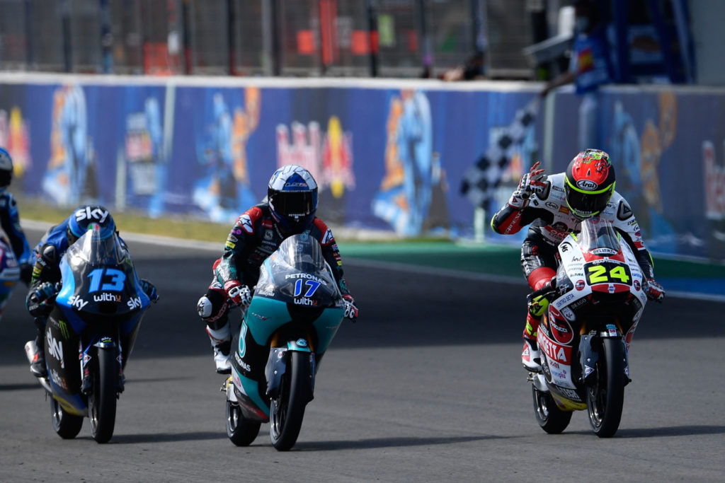 Tatsuki Suzuki (24), John McPhee (17), and Celestino Vietti (13) at the finish of the Moto3 race at Jerez II. Photo courtesy Dorna.