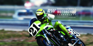 Eddie Lawson (21) riding a Kawasaki KZ1000 in an AMA Superbike race at Daytona in 1982. Photo by Shigeo Kibiki. Lawson's Superbike was the inspiration for the 1999 Kawasaki ZRX1100 being raffled by AHRMA.