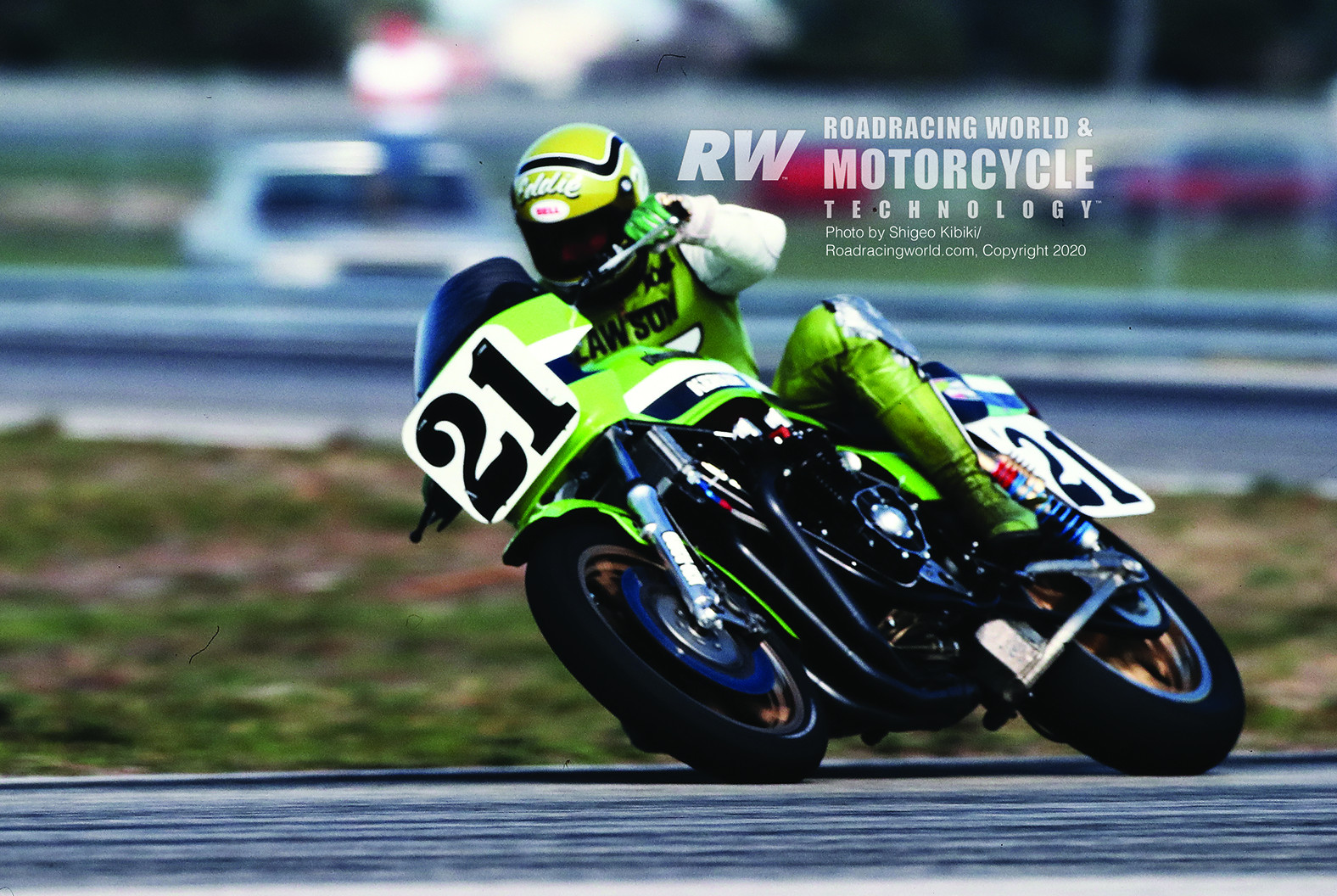 Eddie Lawson (21) riding a Kawasaki KZ1000 in an AMA Superbike race at Daytona in 1982. Photo by Shigeo Kibiki. Lawson's Superbike was the inspiration for the 1999 Kawasaki ZRX1100 being raffled by AHRMA.