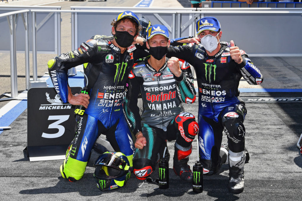 Race winner Fabio Quartararo (center), runner-up Maverick Vinales (right), and third-place finisher Valentino Rossi (left). Photo courtesy Michelin.